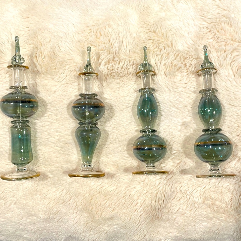 Iridescent Handblown Glass Decorative Empty Perfume bottles set of 4 Green